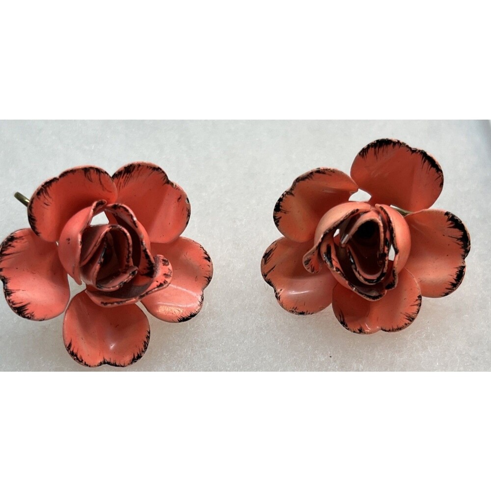Vintage Coral Pink Enameled Metal Rose Flower  W/ Brushed Edges Clip On Earrings